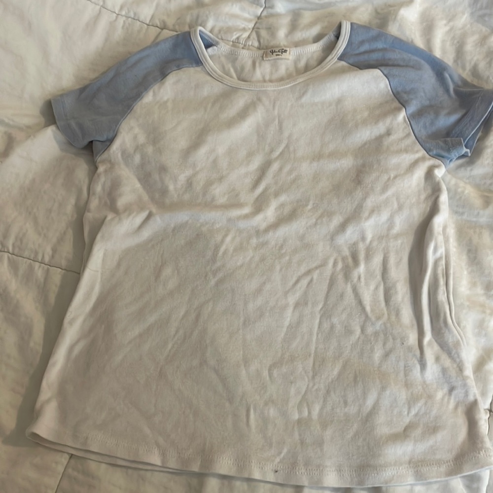 Brandy Melville one size white and blue baseball style sleeves short sleeve tee
